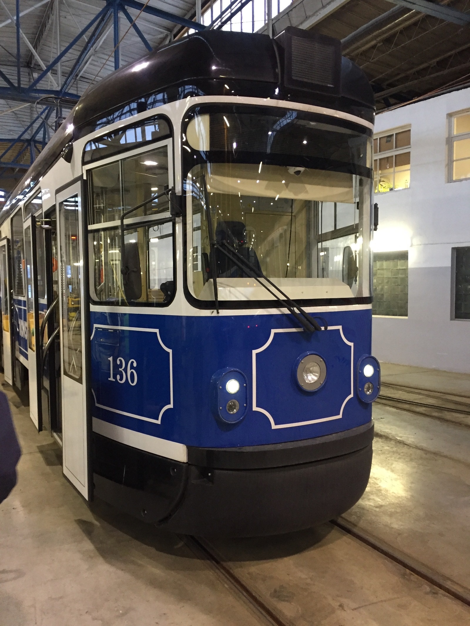 Old retro tram after restoration. Klaasart made new windows for custom tram needs